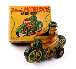 Vintage Masudaya “round Motor - Cycle Cable Rider” Clockwork Windup Toy W/box