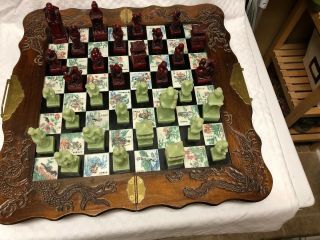 Asian Chinese Chess Board Set Hand Carved Wood Chest With Soap Stone Figurines
