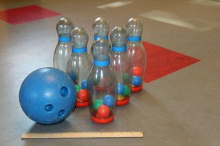 Vintage Little Tikes Bowling Set Clear W/ 6 Pins And 1 Blue Bowling Ball Retro