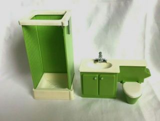 Vintage Fisher Price Dollhouse Furniture - Green Shower And Toilet / Sink