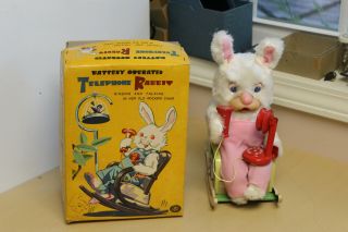 Nmib Vintage Battery Operated Toy Telephone Rabbit In Rocking Chair