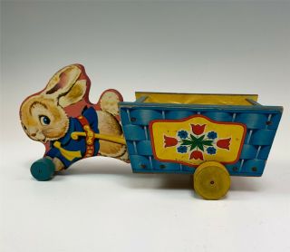 Vintage Fisher Price Wood Pull Toy Rabbit Pulling Cart