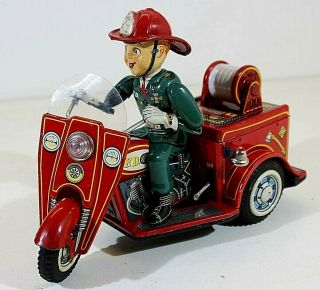T.  N Nomura " Fire Chief Tricycle " Battery Op.  Vtg,  Tin,  Japan,  Bandai,  Masudaya,  Alps