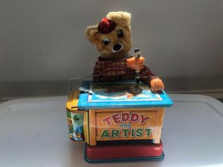 Vintage Battery Operated Teddy The Artist Bear Tin Toy By Yonezawa Y Co