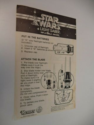 Star Wars Vintage 1977 Kenner Yellow Light Saber Inflatable Sword Instructions
