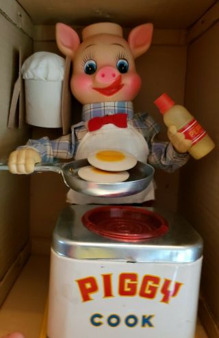 1950 ' s BATTERY OPERATED PIGGY COOK VINTAGE TIN TOY BURGER CHEF ' S BBQ BUDDY 2
