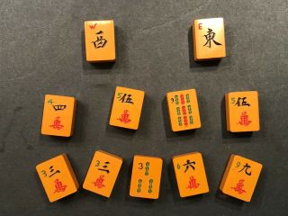 11 Bakelite Mah Jongg Game Set two tone Red Backed Tiles 2