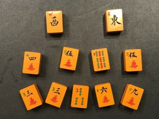 11 Bakelite Mah Jongg Game Set two tone Red Backed Tiles 3