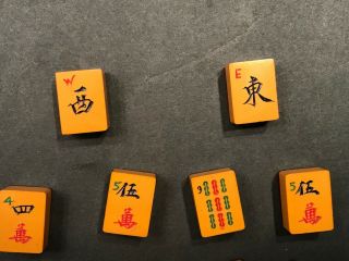 11 Bakelite Mah Jongg Game Set two tone Red Backed Tiles 5