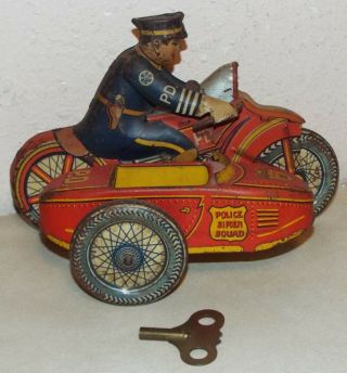 1940s Marx Wind - Up Police Motorcycle With Side Car & Siren Police Siren Squad Nr