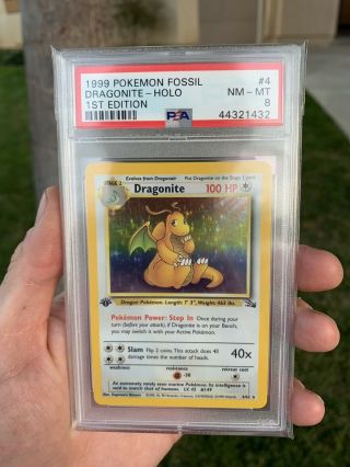 Psa 8 1999 Pokemon Fossil 4/62 Dragonite Holo 1st Edition First