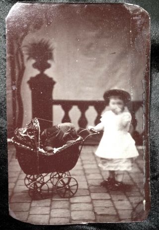 Rare Unusual Tintype Photo Steiff Antique Elephant Stuffed Toy Pram Girl Child
