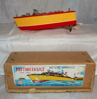 Vnt Boxed Linemar Motorboat W/light Marx Japan Battery Operated Wood