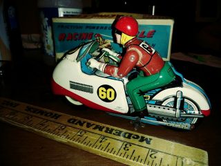 T.  N.  Nomura Tin Litho Racing Motorcycle Toy,  Siren,  W/ Box,  7 "