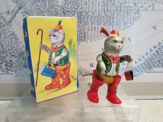 Tin Toy Gesch Wind Up Cat In Red Boots - - Germany - Box