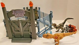 Jurassic Park/world T Rex Lockdown Playset - Complete Set Plus Raptor Blue