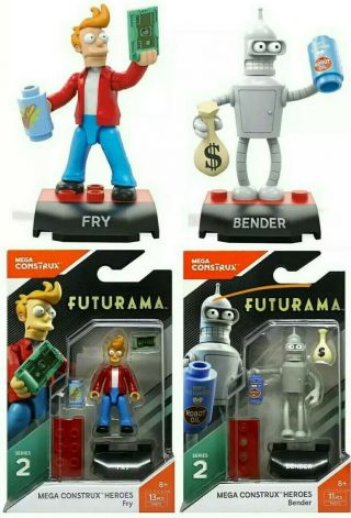 Futurama Bender And Fry Action Figures Series 2mega Construx Heroes Set Of 2