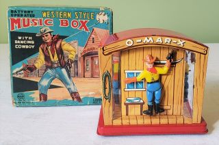 Linemar Japan Tin Litho B/o Western Style Music Box With Dancing Cowboy 50 