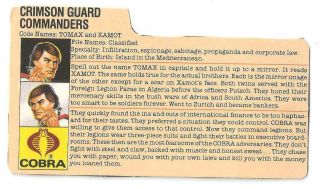 1985 Cobra Crimson Guard Twins V.  1 File Card Peach Tomax / Xamot Jtc