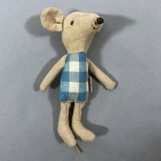 Maileg Mouse Dad/father Linen Ears Blue Plaid Body 5 "