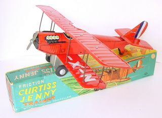 1950s S & E Japan Tin Friction Boxed Curtiss Jenny Trainer Plane Red No.  S - 1046