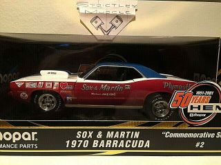 1/18 Scale 1970 Plymouth Barracuda " Sox & Martin " - Ronnie Sox - Red/white/blue Ext