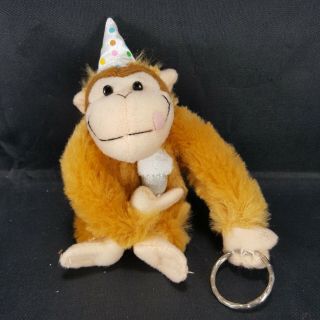 Monkey Gorilla Singing Happy Birthday Plush Key Ring Holding Cake Musical Hat