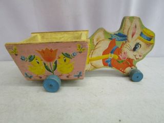 Vintage Fisher - Price Pull Toy Easter Bunny Pulling Wooden Cart/wagon 312
