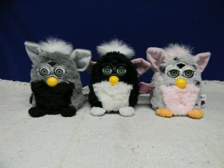 1998 Furby Gray Black Skunk,  Black White Skunk,  Grey Pink Model 70 - 800