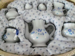 Delton Childrens Tea Set Blue Flowers Porcelain Set Wicker Basket Teasets