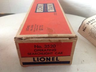 Lionel 3520 Operating Searchlight Car With Box And Instructions 5