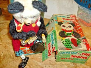 Battery Operated Smoking&shoe Shining Panda Bear W/orig Box,  1950 