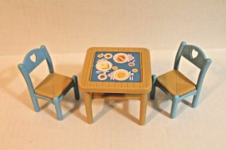 Fisher - Price Loving Family Dollhouse 1993 Flip Top Dining Table & 2 Blue Chairs