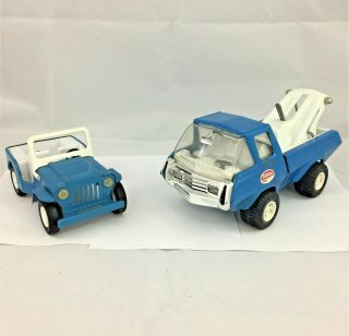 Tonka Tow Truck Jeep Blue Pressed Steel 1970s White Windshield Vintage
