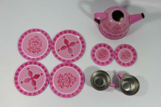 9 Piece Pink Toy Tea Set Tea Pot Metal Tin Kitchen Playset
