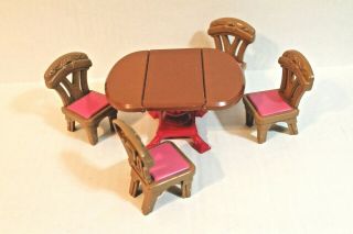 Fisher - Price Loving Family Dollhouse 1999 Pink And Brown Dining Table & 4 Chairs