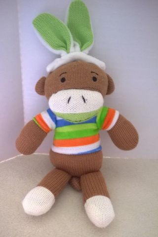 Dan Dee 12 " Sock Monkey With Green Easter Bunny Ears - Plush Stuffed Animal
