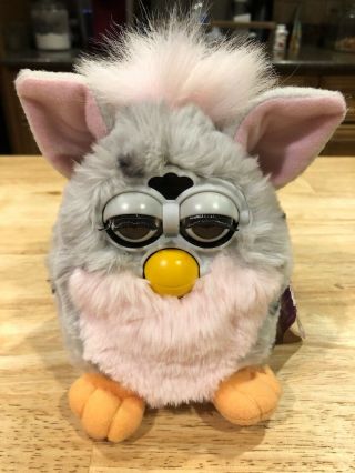 Furby 1998 Tiger Electronics Grey And White With Gray Eyes Pink Ears