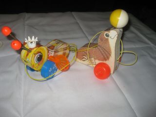 Vintage 1958 Fisher Price 444 Queen Buzzy Bee & 694 Sea Lion Pull Toy