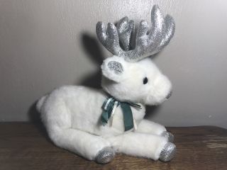 Rare Vintage 1988 Dakin White Silver Sparkle Christmas Reindeer Plush Doll 13 "
