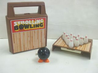 Vintage Tomy Strolling Bowling 1980 Wind Up Toy Game With Ball,  Lane And Pins