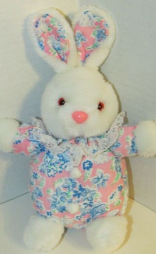 Plush Small Round White Bunny Rabbit Pink Blue Floral Outfit Lace Collar Easter