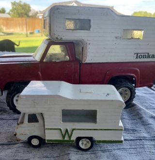 Set Of 2 Vintage Toys Tonka Pick Up W/camper Red & Mini Winnebago Steel