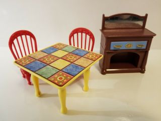 Fisher Price Loving Family Dollhouse Dining Room Table 2 Red Chairs & Buffet