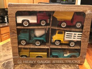 Set Of 6 Marx Toys Heavy Gauge Steel Trucks W/ Carry Case (1970)