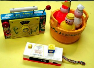 Vintage Fisher Price Toys 3 Men In A Tub - Windup Tv Radio - Pocket Camera 1960s