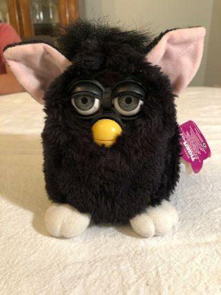 Vintage Black Furby With Pink Ears And Grey Eyes With Tag On Side
