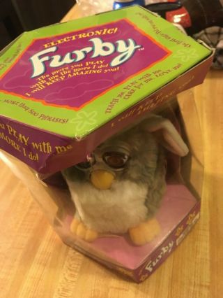 Furby 70 - 800 Tiger Electronics Grey with White belly Brown Eyes 1998 box 3