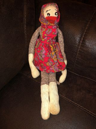 Sock Monkey In Dress With Scarf On Head Rhinestone Button Eyes