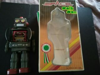 Vintage Me100 Space Walk Man Tin Toy Battery - Powered Robot 12 " - W/ Box /nice